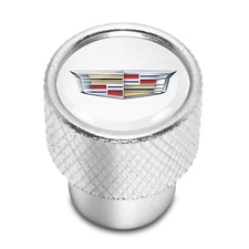 Cadillac Crest Logo in White on Shining Silver Aluminum Tire Valve Stem Caps