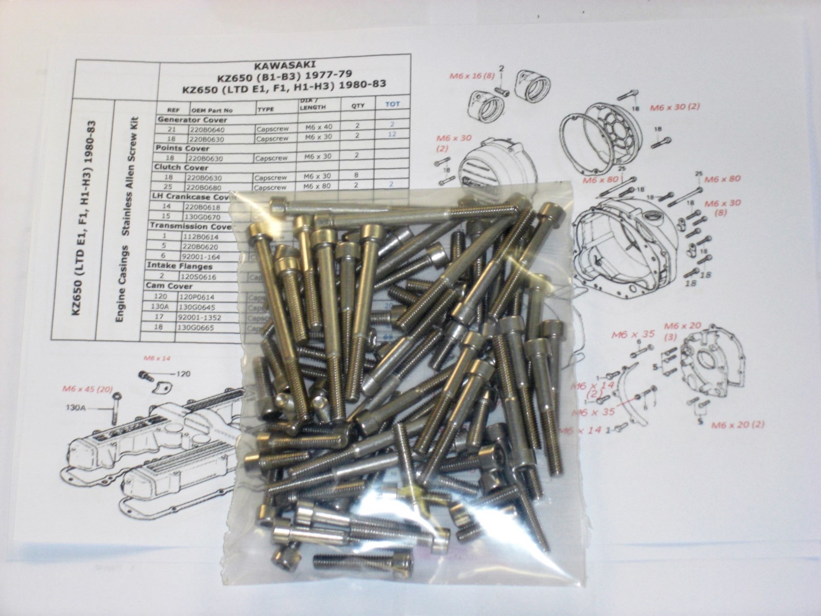 Kawasaki KZ650 z650 197783 Engine covers & cam box 69x Stainless Allen