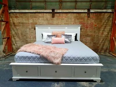 Classic Snowy White Bed Frame King Queen Size With Storage Drawers