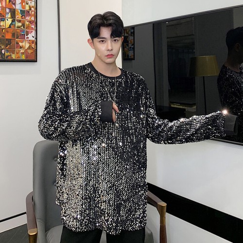 Mens Sequin Long Sleeve Sweatshirt Crew 