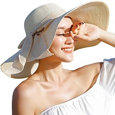 Womens Big Bowknot Straw Hat Floppy Foldable Roll up Beach Cap Sun Hat UPF 50...