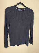 Tommy Hilfiger Womens Medium Navy Blue Cable Knit Sweater Crewneck Logo