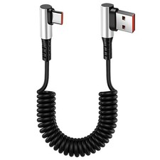 Right Angle Coiled USB to Type C Cable 90 Degree Retractable 6A Fast Charging