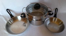 Bialetti Stock Pot 18/10 Stainless Steel w/Strainer Glass Lid & Two Skillets