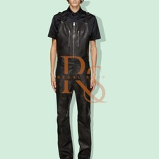 Men's Causal Style Black Leather Jumpsuit Genuine Classic Lambskin Leather Suit