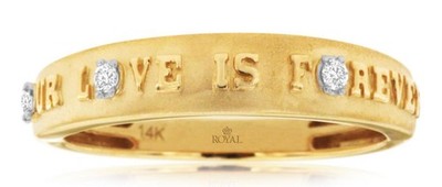 ESTATE .05CT DIAMOND 14KT YELLOW GOLD 3D ROUND 3 STONE OUR LOVE IS FOREVER RING