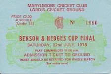 CRICKET TICKET - Benson & Hedges Cup Final 1978 Derbyshire v Kent @ Lords 22.07