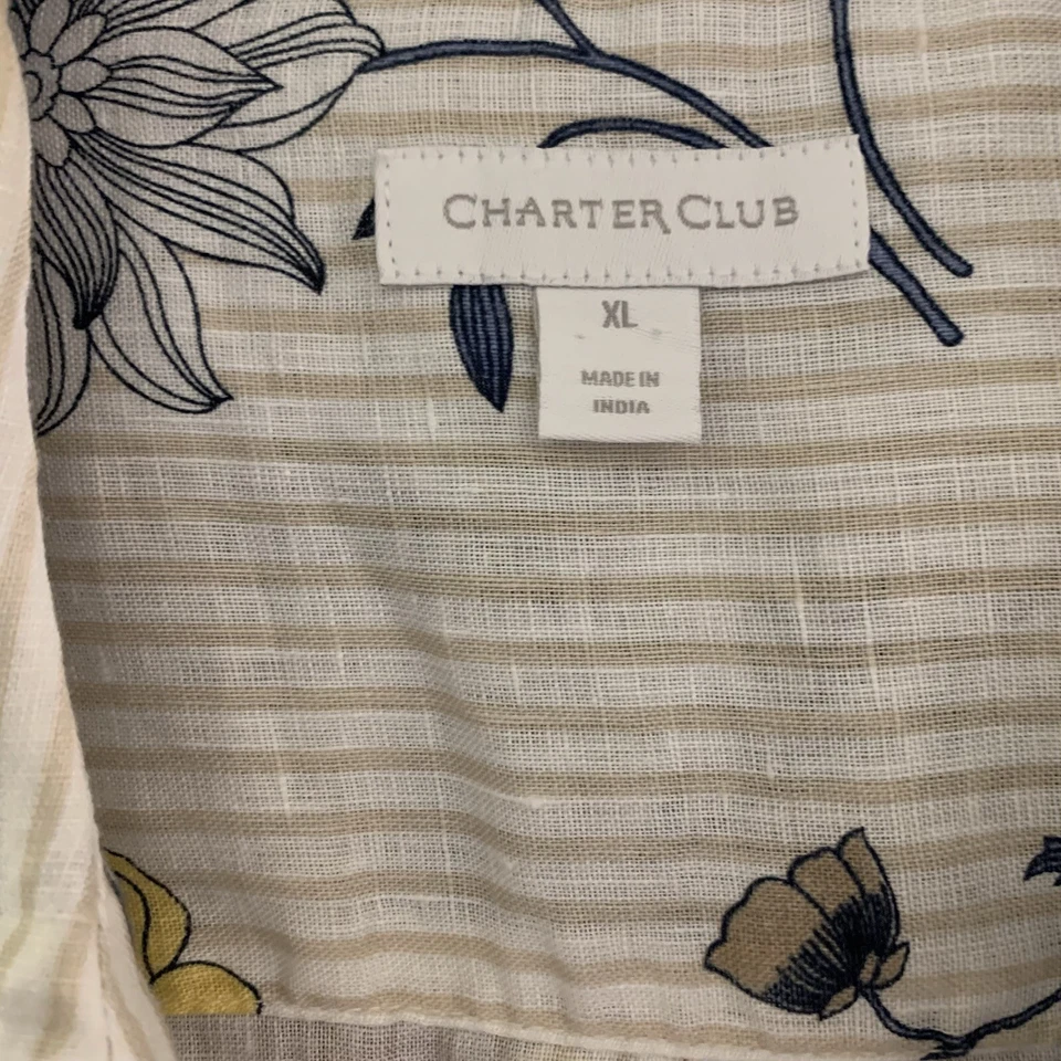 Blusa Charter Club Top XL Lino Multicolor Floral Rayas Artística Cuello Abotonado Foto 3 de 4