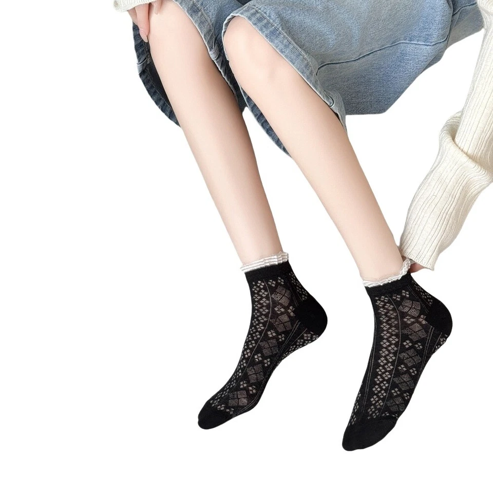 5 Pairs Women Lace Edged Mesh Socks Low Tube Summer Checked Hollow Cotton Socks - Image 4 of 4