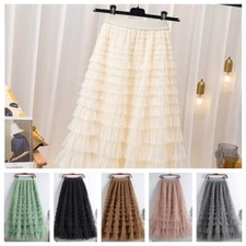 Women Tiered Layered Ruffle Mesh Tulle Pleated Skirt High Waist Midi