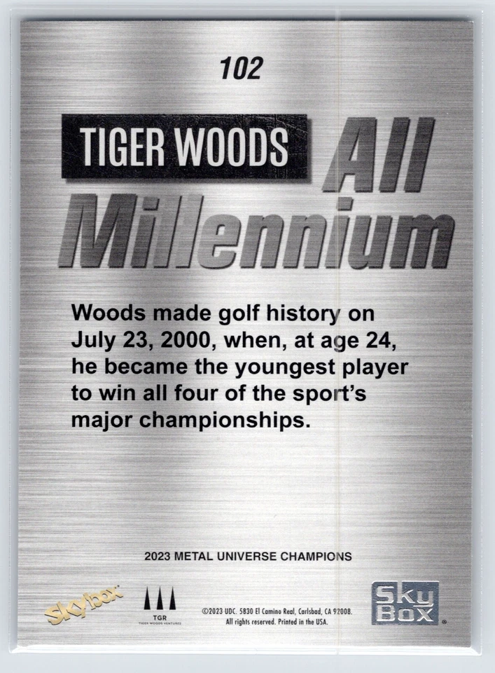2023 Skybox Metal Universe Champions ALL MILLENIUM AQUA #102 TIGER WOODS PGA - Image 2 of 2