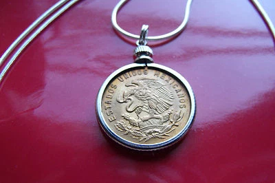 Mexican Classic GOLDEN EAGLE Coin Pendant on a 28" .925 Silver Snake Chain