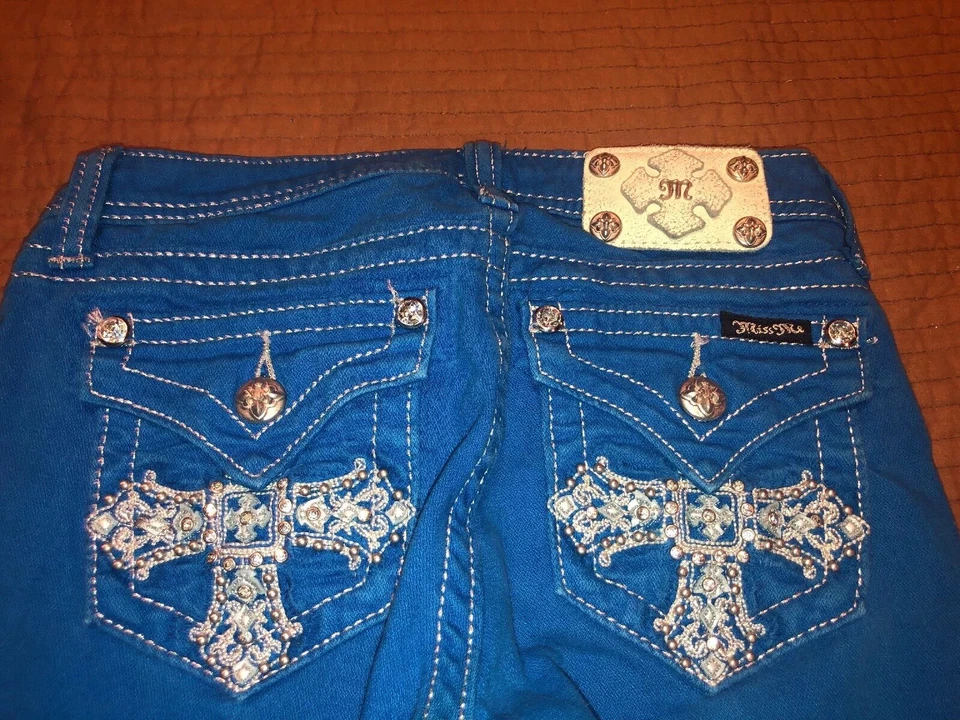 Pantalones capri azul brillante Miss Me Girls talla 14 bling bolsillo cruz Foto 2 de 4