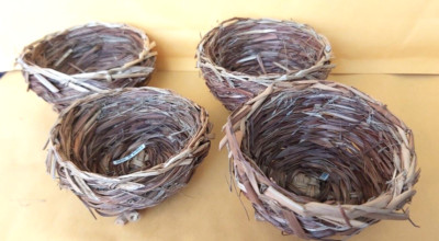 Vtg. 3'' Birds Nest Basket Wicker Woven Twig Footed Rustic Decor Korea Set Of 4