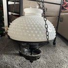 Vintage Milk Glass Hobnail Hanging Ceiling  Chandelier Cast Iron Bottom