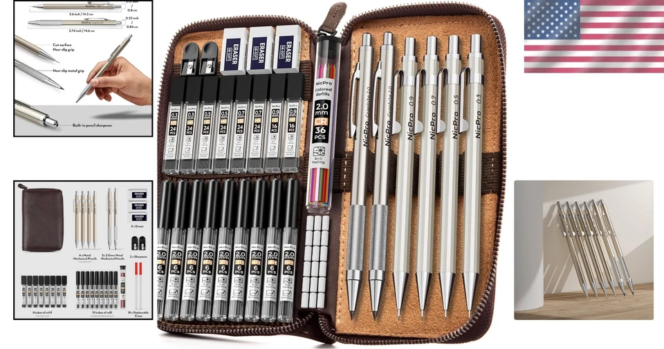 Juego de lápices mecánicos profesionales de 33 piezas en estuche de cuero Foto 2 de 4