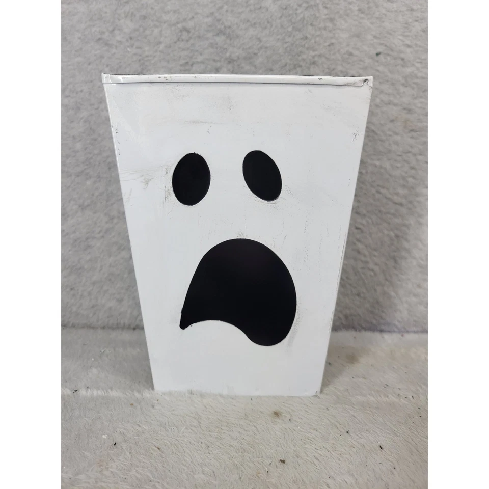 Par de cubos de hojalata con cara de fantasma blanco decoración de Halloween Foto 2 de 4