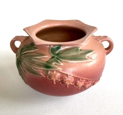 Roseville Pink Bleeding Heart Bowl Vase 377-4 Double Handle Art Deco