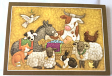 Tarjeta de Navidad Lindos Animales con Bebé Jesús Oveja Vaca Burro Gato Perro Paloma Conejito