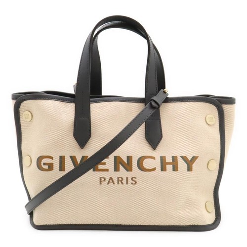 GIVENCHY Bond Logo 2Way Canvas Leather Tote Shoulder Bag Natural Gray Auth
