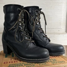 Frye Black Leather 3” High Heel Combat Boots Lace Up Womens Size 8 B #3475392
