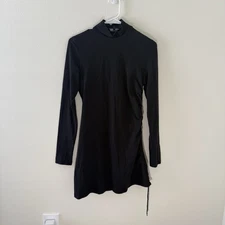 Theory Women’s Black Ruched Tie Front Mock Neck Dress Cocktail Minimalist Small