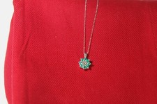 14K WHITE GOLD EMERALD AND DIAMOND CLUSTER PENDANT NECKLACE