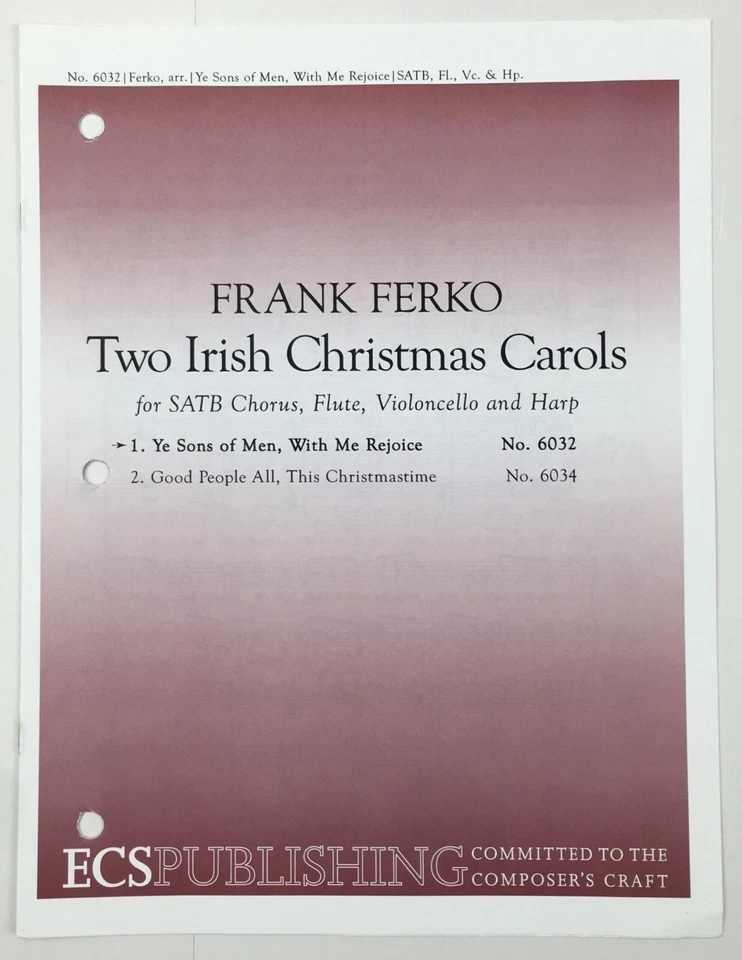 Two Irish Christmas Carols SATB Chorus Flute Cello Harp Sheet Music Frank Ferko - Image 2 of 4