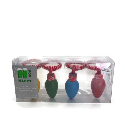 H for Happy Set Of 4 Christmas Light Bulb Napkin Rings NEW Holiday