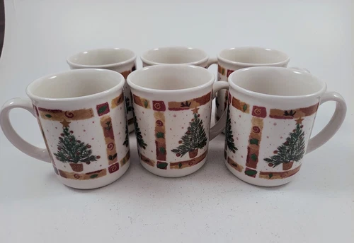 Set of 6 Pier 1 Natural Christmas Angleterre Coffee Mugs Cups Green Tree Britain