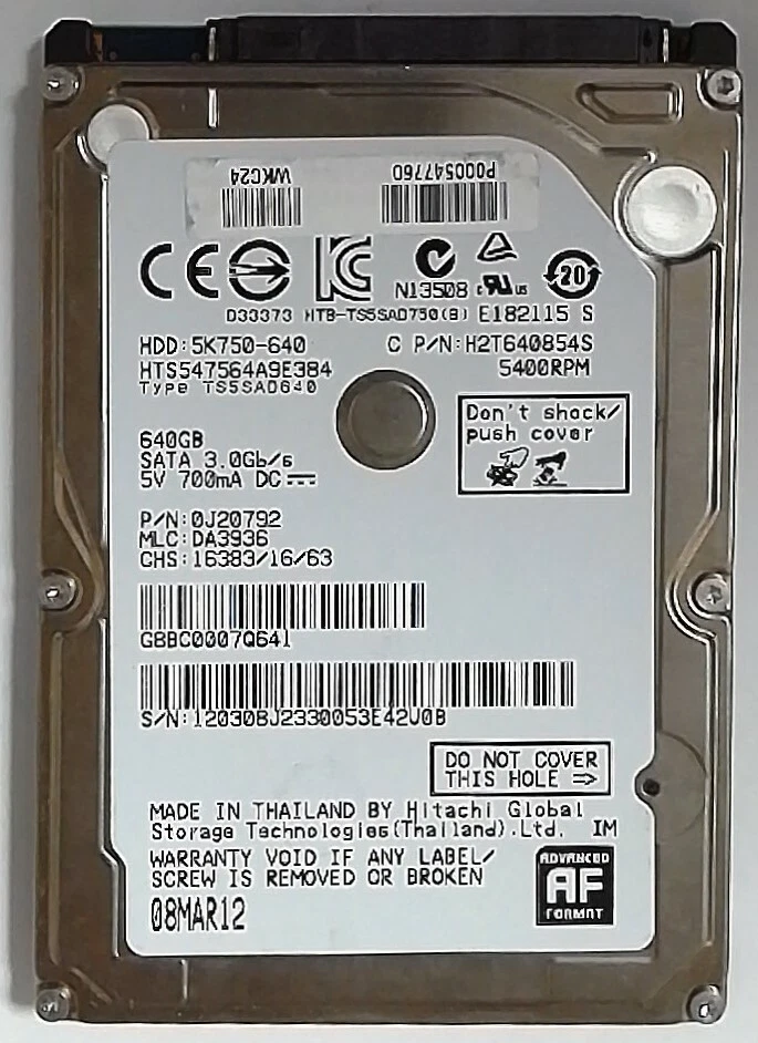 Hitachi Internal HDD 640GB - 5400RPM - SATA 3.0Gb/s - 2.5" - HTS547564A9E384 - Image 2 of 3