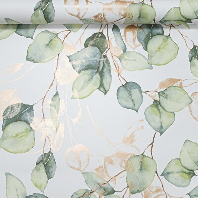 Grün Ecualyptus Blumen Tapete Weiß Gold Metallic Hellgrün Blätter Glatt