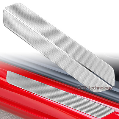 4x Real Carbon Fiber Silver Car Door Sill Protect Cover Trim Fits 17-21 Model 3