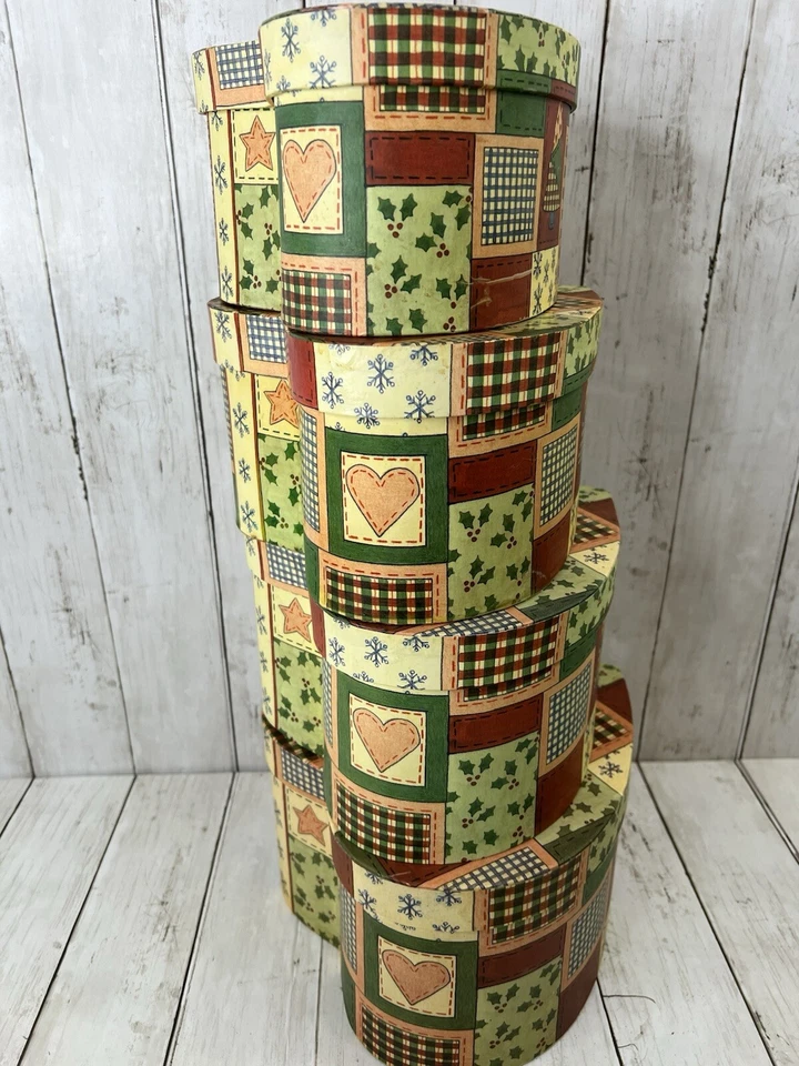 Patchwork Heart Shaped Nesting Box Primitive Christmas 5 Valerie Parr Hill - Image 3 of 4