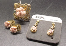 1928 Gold Tone Rose Earrings / Brooch Lot Victorian Revival Romantic Roses VTG