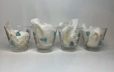 Four Vintage Federal Glass Atomic Amoeba Boomerang Gold Turquoise Short Glasses