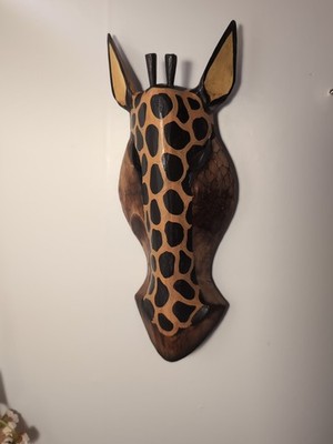 Fairtrade handgeschnitzte und bemalte Holzgiraffe Gesichtsmaske 30 cm