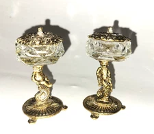 Vintage Pair of Celeste Brass Filagree & Cutglass Salt Cellars w/Cupid Columns