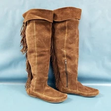 Minnetonka Women's Over The Knee Brown Suede Fringe Moccasin Boot Size 9