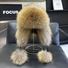 Women's Real Fox Fur Trapper Hat Raccoon Fur Russian Ushanka Ear Flap Bomber Cap