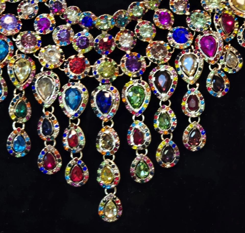 Natasha Couture Statement Bib Necklace Rainbow Crystal Teardrop Waterfall - Image 4 of 4