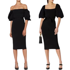 Scanlan Theodore Crepe Knit Dress Coupe Size S AU 8 Sleeve Black Belt RRP $850