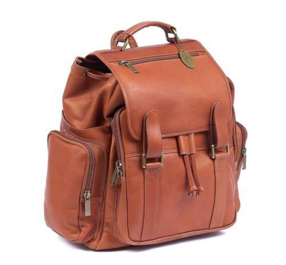 Claire Chase Jumbo Laptop Leather Saddle Tan Double Loop Travel Work Backpack