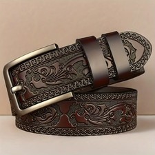 Men  s Genuine Leather Embossed Adjustable Belt Vintage Patterned Buckle 41  4