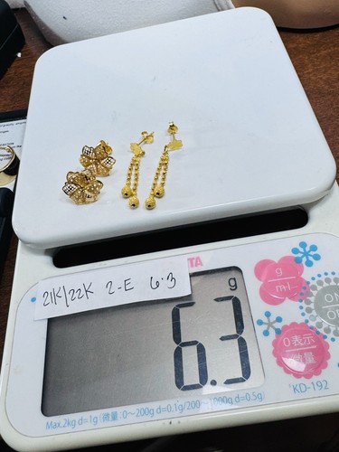 NEW 21K 875 Real Gold Flower Earring & 22K Beads Balls Earring 6.3g Set of Two - Picture 15 of 20