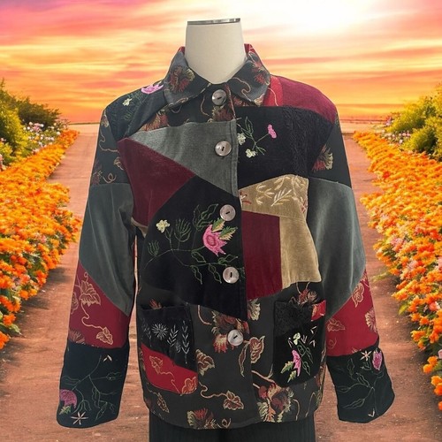 Parsley & Sage Patchwork Embroidered Jacket S Velvet Floral Artisan Boho Chic