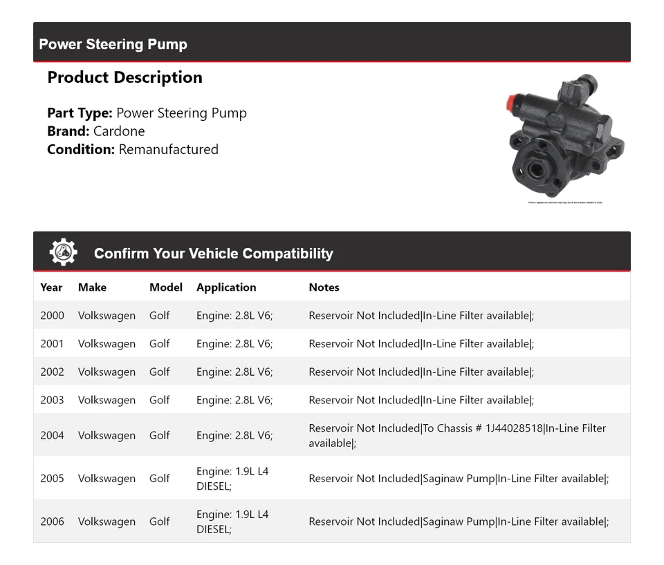 For 2000-2006 Volkswagen Golf Power Steering Pump Cardone 2001 2002 2003 2004 - Image 2 of 4