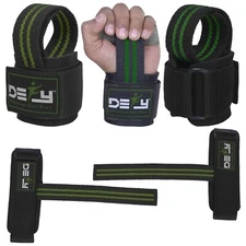 DEFY SPORTS™ Weight Lifting Power Straps Wrist Support Black With Green Stripes