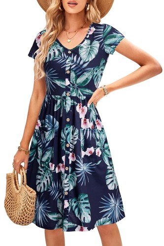 Casual Summer Short Sleeve V Neck Hawaiian Dress 2025 Button Up Midi Dress fo...