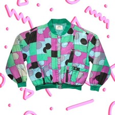 Vintage 80s Windbreaker Zip Up Green Blue Geometric Silk Size M Medium Vtg 1980s